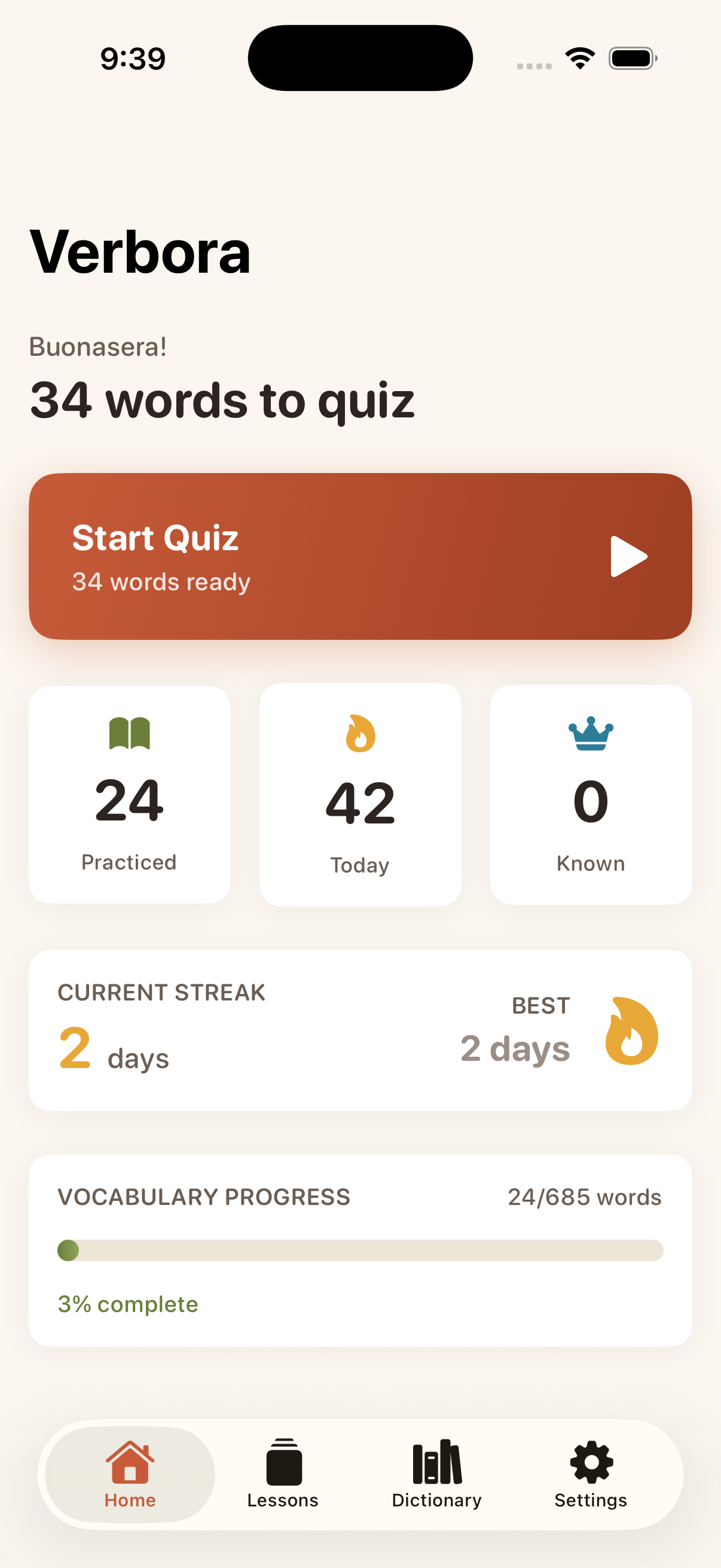 Verbora dashboard showing your learning progress