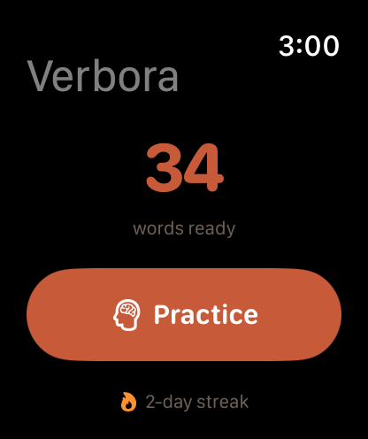 Verbora on Apple Watch showing words ready to practice